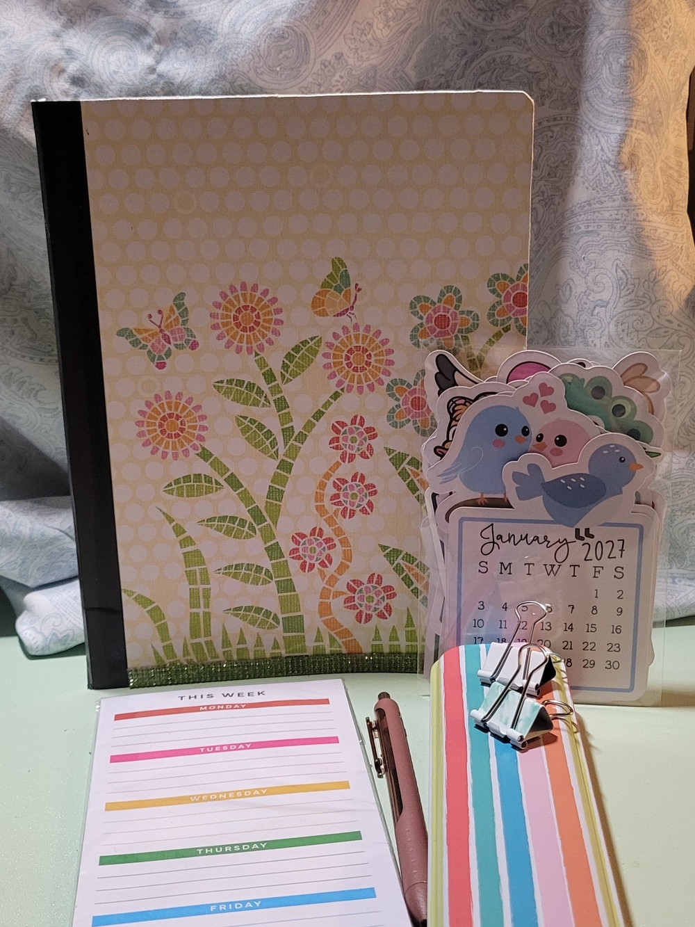 Floral Pattern Spiral Notebook, Pastel Bird Calendar & Striped Pencil Case & Pen